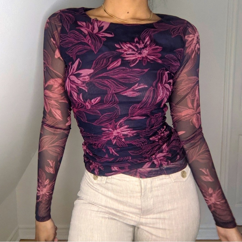 Floral mesh thulle long sleeve blouse with ruching